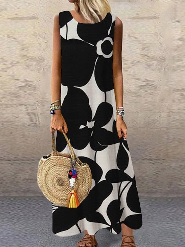 Casual Regular Fit Floral Crew Neck Sleeveless Maxi Dress - Image 2