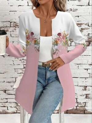 Casual Regular Fit Floral Crewneck Long Sleeve Open Front Jacket - Image 5