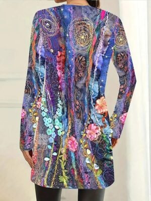 Casual Regular Fit Floral Crewneck Long Sleeve Open Front Jacket - Image 9