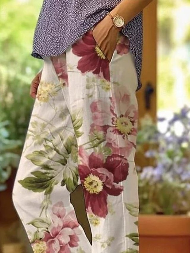 Casual Regular Fit Floral Drawstring Long Pants - Image 7