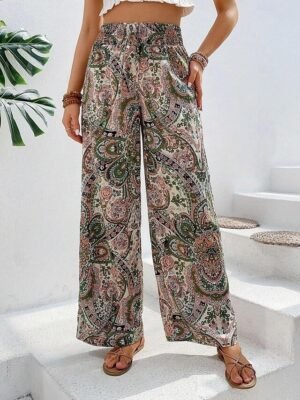 Casual Regular Fit Floral Elastic Waist Wide Leg Long Trousers - Image 1