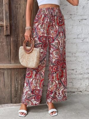 Casual Regular Fit Floral Elastic Waist Wide Leg Long Trousers - Image 11