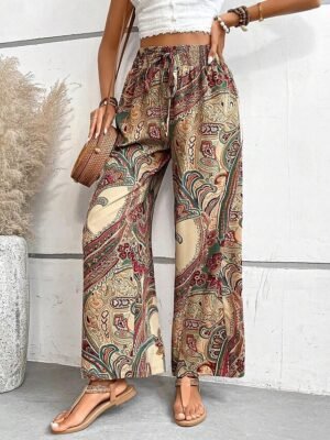 Casual Regular Fit Floral Elastic Waist Wide Leg Long Trousers - Image 15
