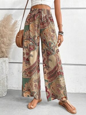 Casual Regular Fit Floral Elastic Waist Wide Leg Long Trousers - Image 16