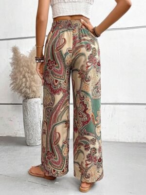 Casual Regular Fit Floral Elastic Waist Wide Leg Long Trousers - Image 17