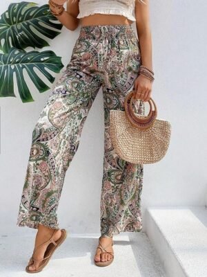 Casual Regular Fit Floral Elastic Waist Wide Leg Long Trousers - Image 2