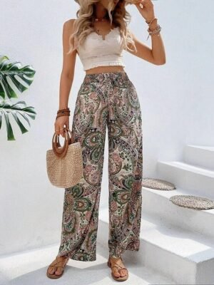 Casual Regular Fit Floral Elastic Waist Wide Leg Long Trousers - Image 3