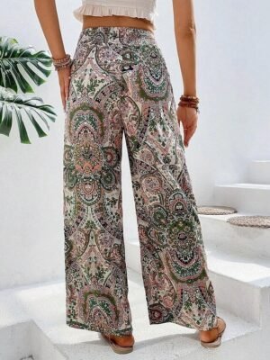Casual Regular Fit Floral Elastic Waist Wide Leg Long Trousers - Image 4
