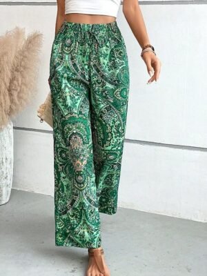 Casual Regular Fit Floral Elastic Waist Wide Leg Long Trousers - Image 5