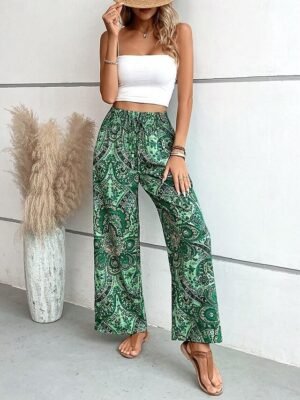 Casual Regular Fit Floral Elastic Waist Wide Leg Long Trousers - Image 6