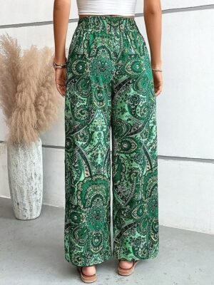 Casual Regular Fit Floral Elastic Waist Wide Leg Long Trousers - Image 7