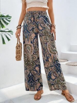 Casual Regular Fit Floral Elastic Waist Wide Leg Long Trousers - Image 8