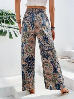 Casual Regular Fit Floral Elastic Waist Wide Leg Long Trousers - Image 9