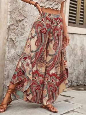 Casual Regular Fit Floral Graphic Mid Rise Full Length Wide Leg Trousers - Image 5