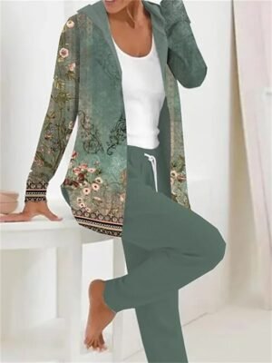 Casual Regular Fit Floral Hooded Long Sleeve Tracksuit Set - Image 2