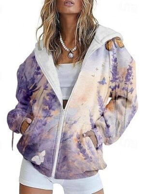 Casual Regular Fit Floral Hooded Long Sleeve Jacket - Image 3