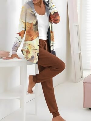 Casual Regular Fit Floral Hooded Long Sleeve Tracksuit Set - Image 4
