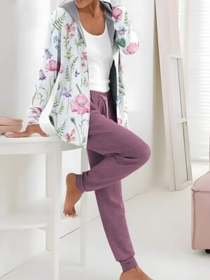 Casual Regular Fit Floral Hooded Long Sleeve Tracksuit Set - Image 8
