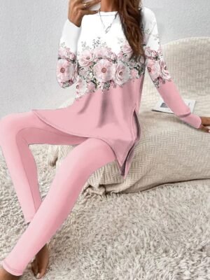 Casual Regular Fit Floral Round Neck Long Sleeve Two Piece Set - Image 1