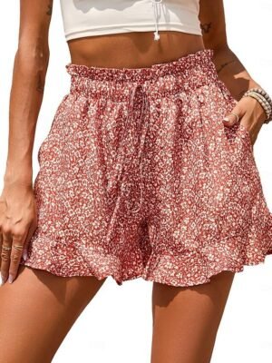 Casual Regular Fit Floral Ruffle Drawstring Shorts - Image 4