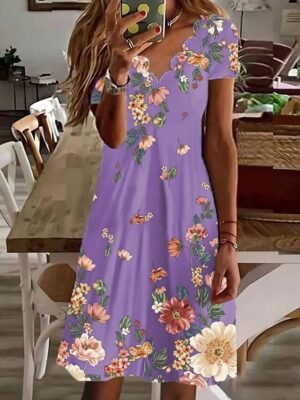 Casual Regular Fit Floral Sweetheart Short Sleeve Mini Dress - Image 3