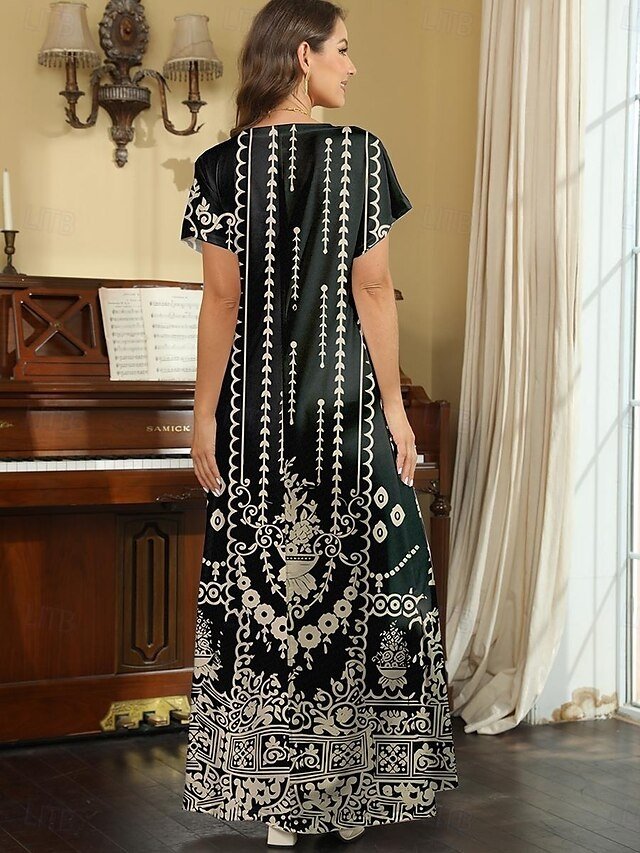 Casual Regular Fit Floral Tribal V Neck Short Sleeve Maxi Dress - Image 2