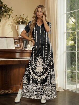 Casual Regular Fit Floral Tribal V Neck Short Sleeve Maxi Dress - Image 4