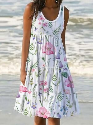Casual Regular Fit Floral U Neck Sleeveless Mini Dress - Image 1