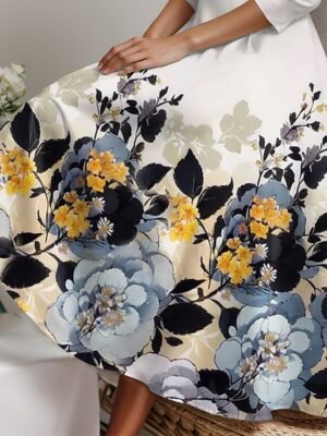 Casual Regular Fit Floral V Neck 3/4 Sleeve Midi Dress - Image 3
