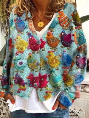 Casual Regular Fit Floral V Neck Long Sleeve Knitted Top - Image 3