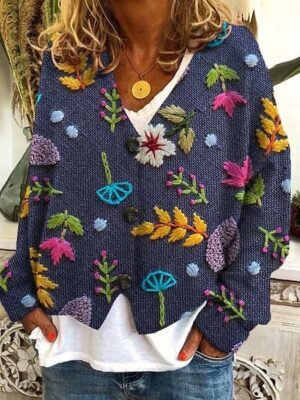 Casual Regular Fit Floral V Neck Long Sleeve Knitted Top - Image 4