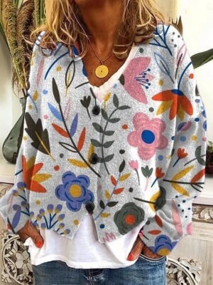 Casual Regular Fit Floral V Neck Long Sleeve Knitted Top - Image 5