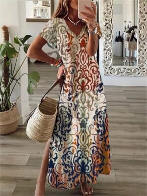 Casual Regular Fit Floral V Neck Short Sleeve Maxi Dress - Image 1