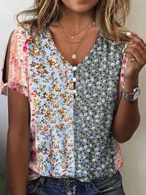Casual Regular Fit Floral V-Neck Short Sleeve Split Blouse - Image 1