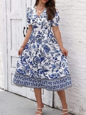 Casual Regular Fit Floral V Neck Short Sleeve Midi Dress - Image 10