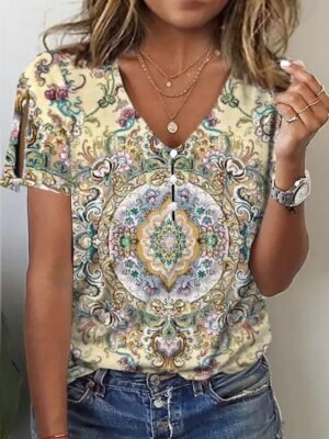 Casual Regular Fit Floral V-Neck Short Sleeve Split Blouse - Image 2