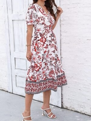 Casual Regular Fit Floral V Neck Short Sleeve Midi Dress - Image 24