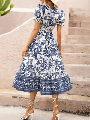 Casual Regular Fit Floral V Neck Short Sleeve Midi Dress - Image 3