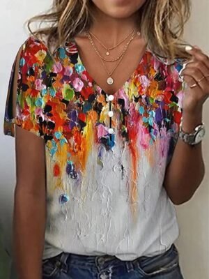 Casual Regular Fit Floral V-Neck Short Sleeve Split Blouse - Image 3
