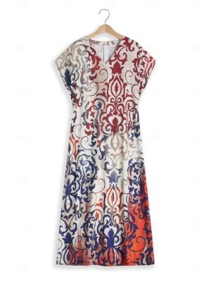 Casual Regular Fit Floral V Neck Short Sleeve Maxi Dress - Image 4