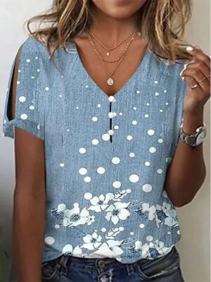 Casual Regular Fit Floral V-Neck Short Sleeve Split Blouse - Image 5
