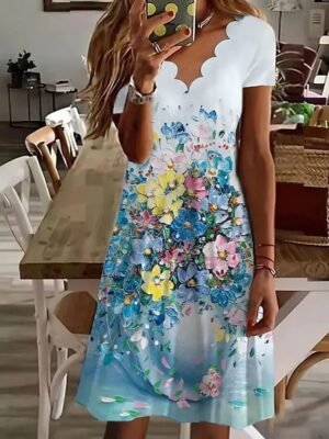 Casual Regular Fit Floral V Neck Short Sleeve Mini Dress - Image 6