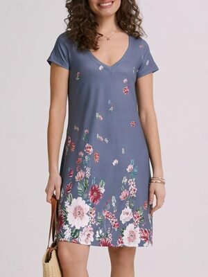 Casual Regular Fit Floral V Neck Short Sleeve Mini Dress - Image 7