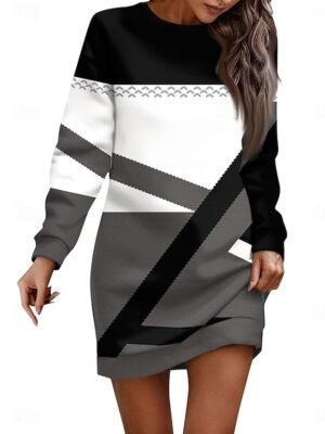 Casual Regular Fit Geometric Crew Neck Long Sleeve Mini Dress - Image 1