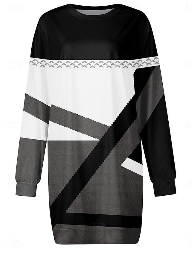 Casual Regular Fit Geometric Crew Neck Long Sleeve Mini Dress - Image 2