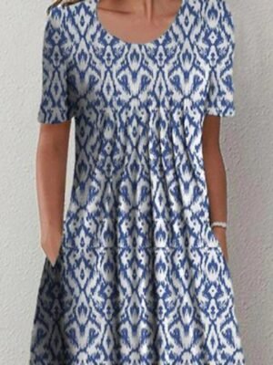 Casual Regular Fit Geometric Crew Neck Short Sleeve Midi Dress - Image 2
