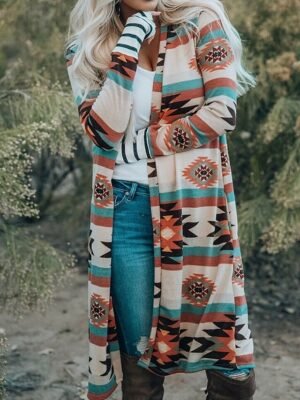 Casual Regular Fit Geometric Long Sleeve Long Jacket - Image 1