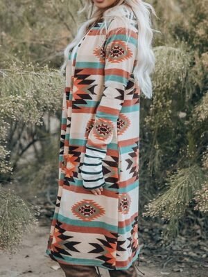 Casual Regular Fit Geometric Long Sleeve Long Jacket - Image 2