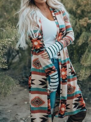 Casual Regular Fit Geometric Long Sleeve Long Jacket - Image 3