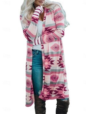 Casual Regular Fit Geometric Long Sleeve Long Jacket - Image 4